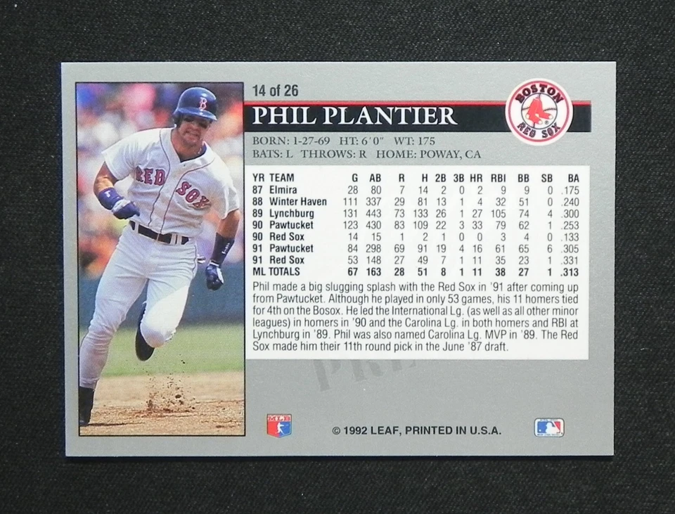 Phil Plantier 1992 Leaf PREVIEW Card #14 of 26 _ Exact Card (A) in Top Loader - Image 3 of 3