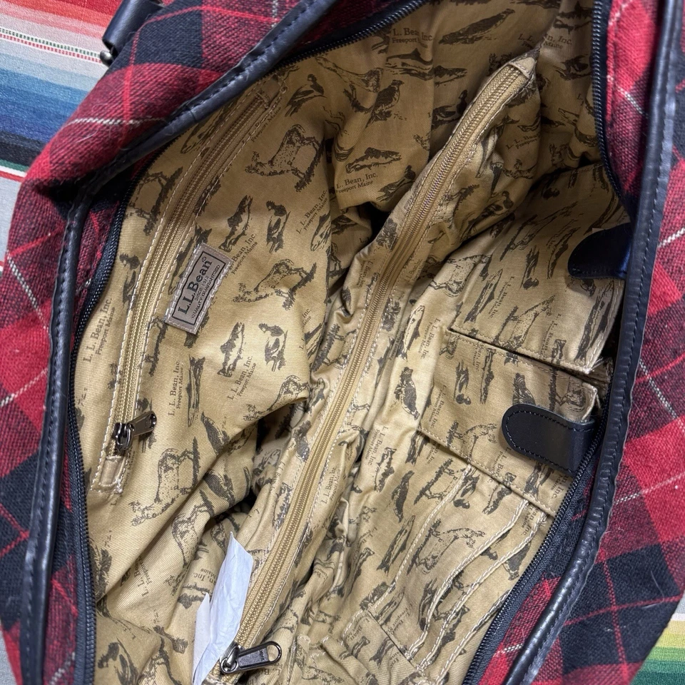 Bolso de mano grande vintage LL Bean 100 % lana cuero rojo negro a cuadros Foto 4 de 4