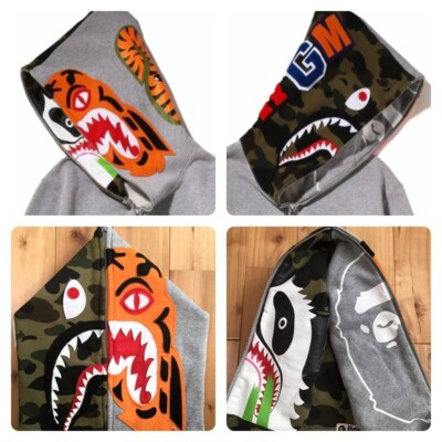 BAPE Crazy face Tiger Shark full zip hoodie Gray A Bathing