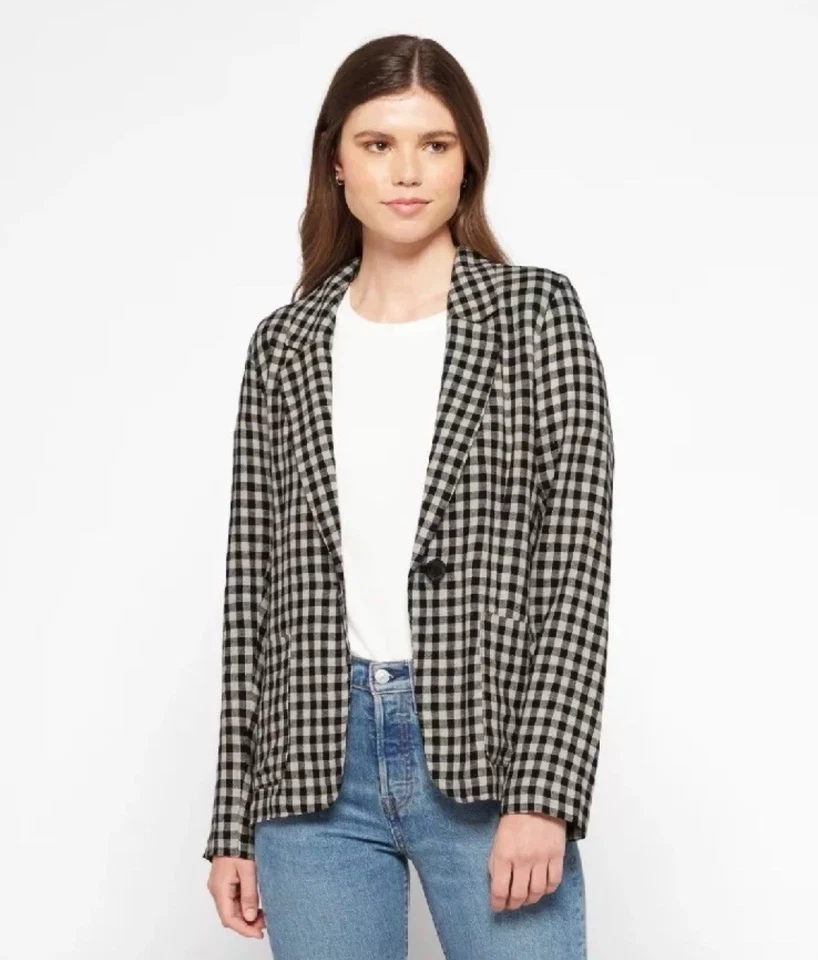 Anthropologie Sanctuary Black White Check Linen One-Button Blazer Womens Medium - Image 4 of 4