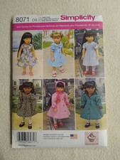 Simplicity 8071 18" Doll Clothes 6 Various Outfits Bonnet Uncut