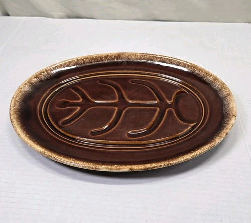 HULL Oven Proof USA 14" Oval Ribbed Steak Brown Drip Pottery Plate Serving Dish