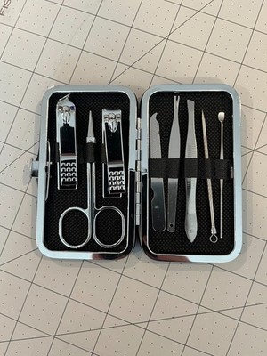 8 Piece Manicure Set with Clasp Closing Blue Glitter Case-Brand New