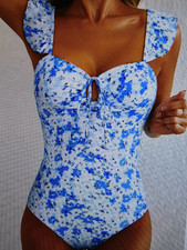 Blue and White One-Piece Swimsuit Lined L 12-14 - Built in Bra - Adj. Straps
