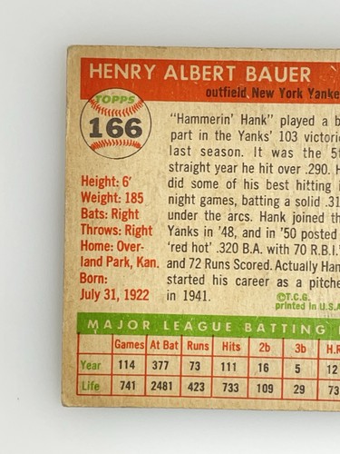 1955 Topps Baseball Card #166 Hank Bauer New York Yankees - Ex+ - Picture 6 of 7