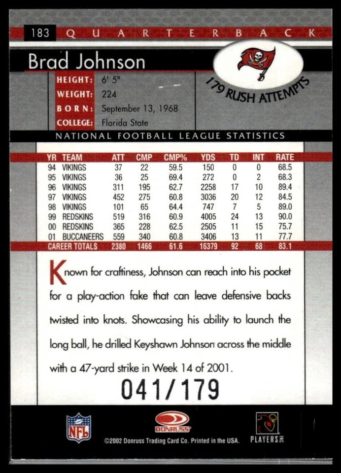 2002 Donruss #183 Brad Johnson Stat Line Career #/179 - Image 2 of 2