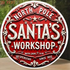 1pc Vintage North Pole Santa's Workshop Plaques & Signs 8-Inch Round Christma
