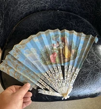Antique French Mother-of-Pearl Hand Fan, Hand Painted Gilded Leaf, c.1870