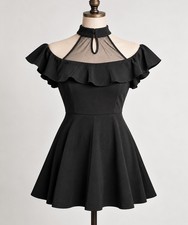 SHEIN Women's Black Fit and Flare Cold Shoulder Ruffle Mesh Dress, Size M US 6