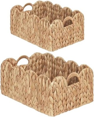 Scalloped Wicker Basket, Set of 2 Woven Rattan Natural Water Hyacinth Baskets