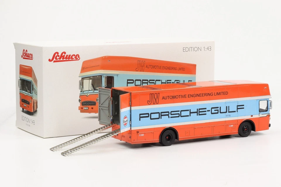 1:43 Porsche Mercedes-Benz Race Car Transporter Truck Gulf O317 Schuco... - Immagine 4 di 4