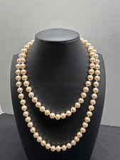 Classic Vintage Cream FAUX Pearl Single Strand Knotted Necklace G. Silver Filigr
