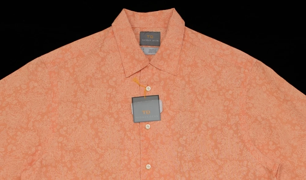 Men's THOMAS DEAN Orange Paisley Linen S/S Shirt S Small NEW NWT Nice! $89