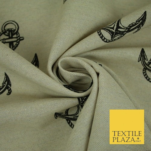 Natural Beige Black Classic Rope Anchor Printed Cotton Mix Canvas Fabric 56"4123 - Picture 3 of 4