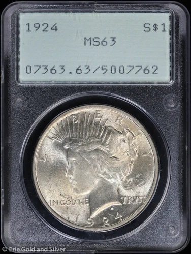 1924-P $1 Peace Silver Dollar PCGS MS 63 | Rattler Holder Uncirculated UNC