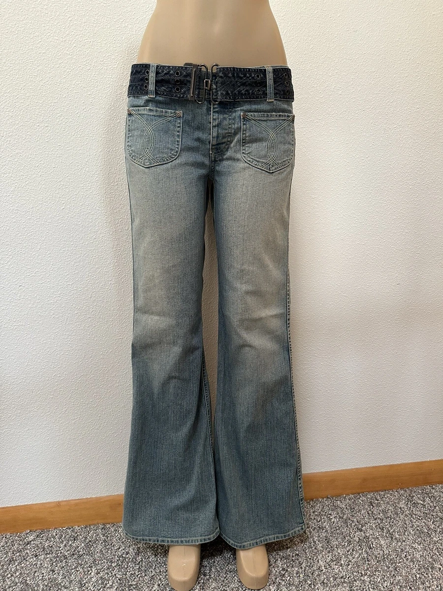 Y2K Old Navy Jeans Ultra Low Rise Stretch Flare Belted Button Fly