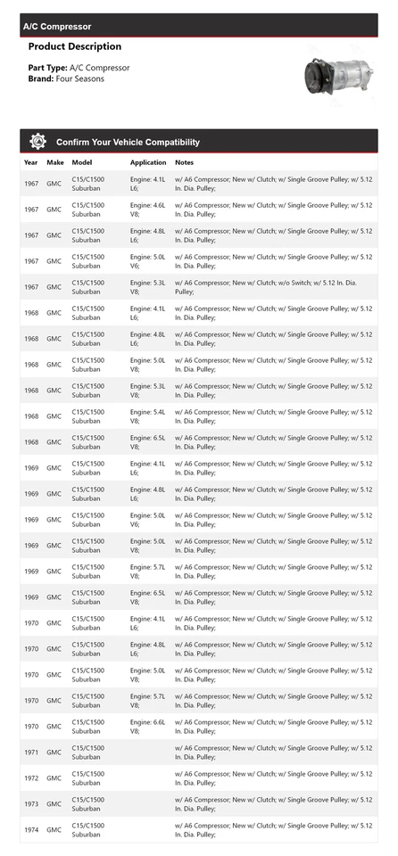 Compresor de aire acondicionado suburbano GMC C15/C1500 1967-1974 4 estaciones 1968 1969 1970 Foto 2 de 4