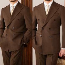 Peak Lapel Mens' Suits Brown Business Offical Jacket Blazer Double Breasted