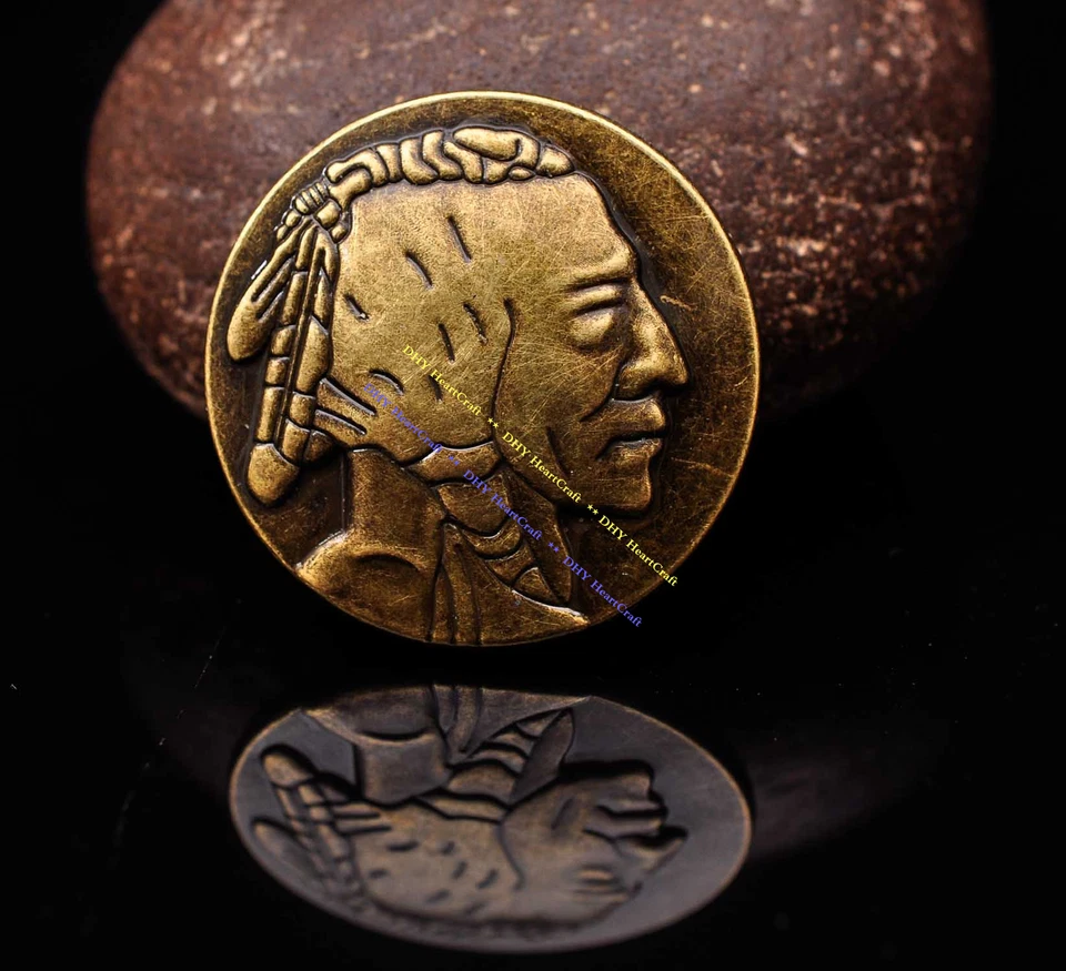 10X VINTAGE BRASS WESTERN NICKEL INDIAN HEAD LEATHERCRAFT SADDLE BRIDLE CONCHOS - Image 4 of 4