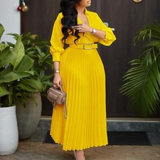Women plus size V-neck Casual Swing Pleated Maxi Dress Long Dress Matching Belt