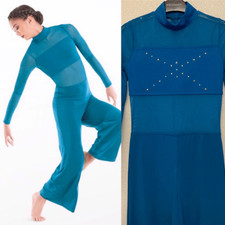WEISSMAN Balera Dance Costume teal Culotte Unitard With Mesh MJ11187 Child LC