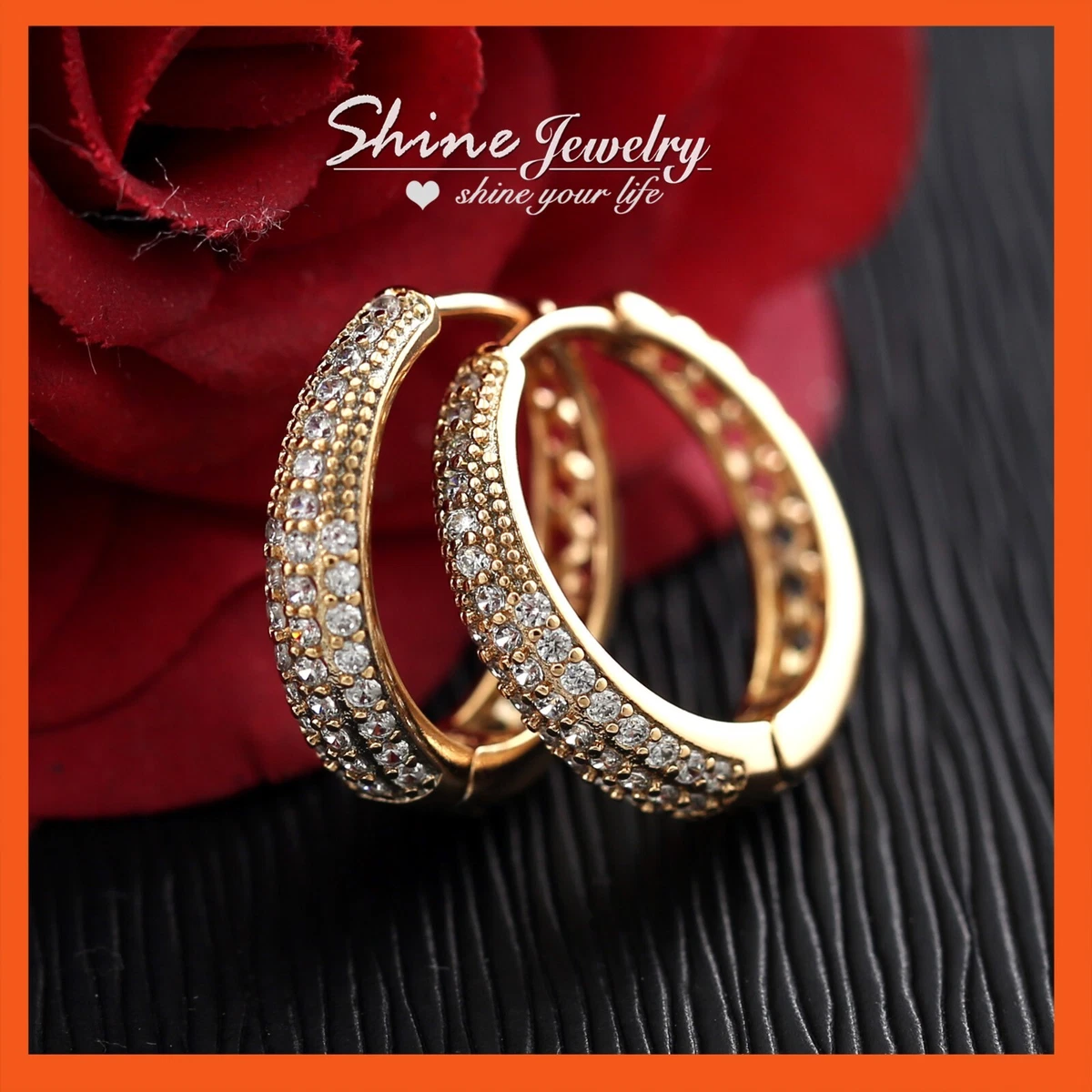 FASHION 18K ROSE GOLD FILLED DIAMANTE THIN BASKET BAND FANCY HOOP