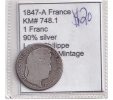 1847-A France 1 Franc 90% Silver Coin Louis-Philippe