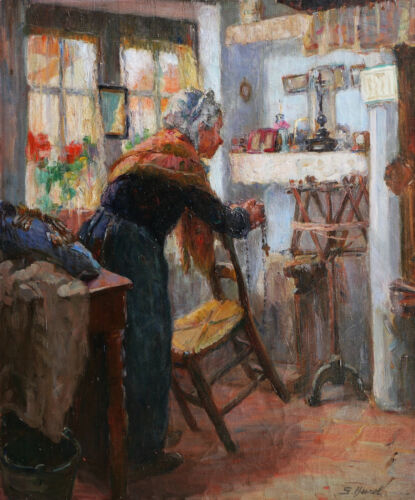 Suzanne HUREL tableau huile scène genre vieille femme prière BRUGES BELGIQUE  - Afbeelding 1 van 7