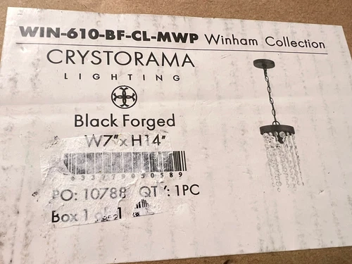 Crystorama Lighting WIN-610-BF-CL-MWP Winham Light Pendant W 7” x H 14” Black - Picture 2 of 8