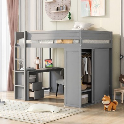 Full Size Loft Bed with Underbed Wardrobes & Desk with Cabinet, Pine Wood, Gray