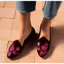 Birdies Heron Embroidered Flat in Crimson Velvet, featuring metallic floral