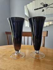 One Pair Of Vintage Hand Blown Black Glass Vases Made In Poland