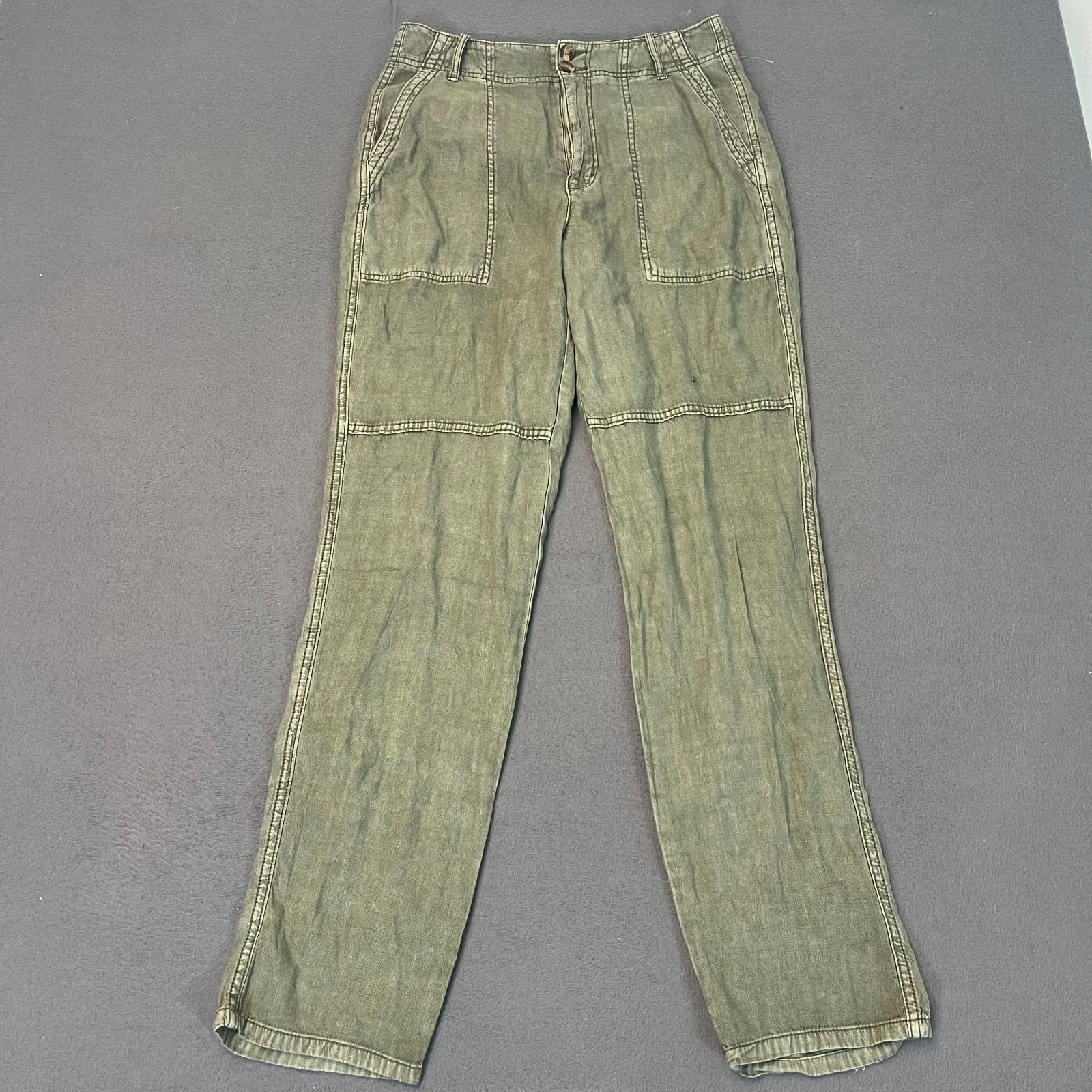 American Eagle Pants Womens 4R Olive Green Utility Cargo Relaxed Carpenter Linen