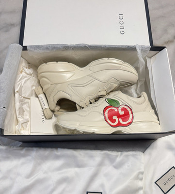 Gucci Rhyton GG Apple Ivory White Leather Low Top Lace-Up Sneakers Rubber