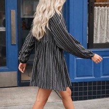 Christy Dawn Hudson Night Stripe Dress Women Mini Short Long Sleeve Gray XS / S