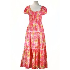 LoveShackFancy Maxi Dress Womens M Pink Floral Smocked Tiered Silk Blend Summer