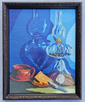 1972 HURRICANE LAMP Still Life Needlepoint Wall Art, Columbia Minerva Bob Miller