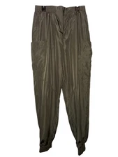 Labijou Women's Basic Solid Shiny Satin Cargo Pocket Jogger Green Pants Medium