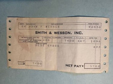 vintage 1958 Smith & Wesson Inc. firearms company pay stub w/ BCBS deductions