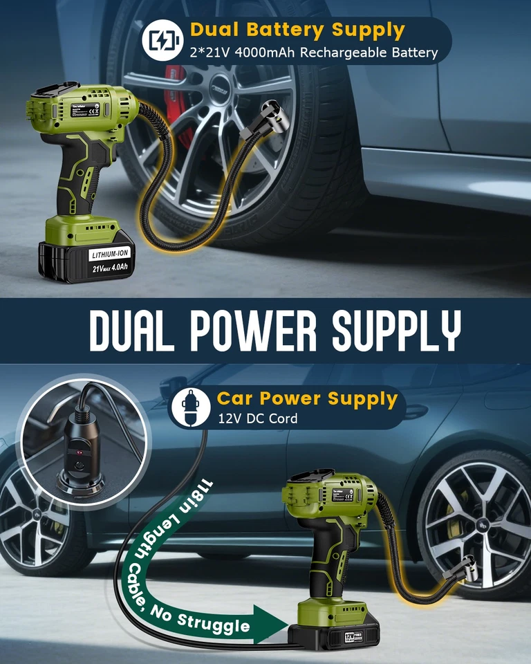 Inflador de Neumáticos Compresor de Aire Inalámbrico Bomba de Neumáticos de Coche con Batería Recargable 21V Foto 3 de 4