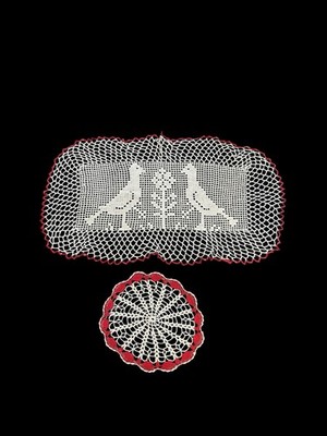 Handcrafted Filet Crochet Doilies Two Birds Tree Rectangle Round Set of 2 VTG