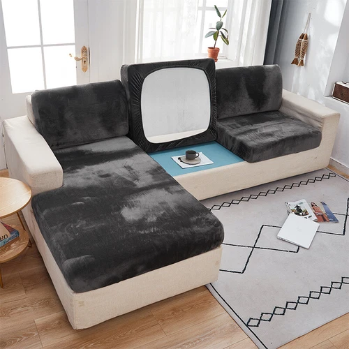 Velvet Sofa Seat Cushion Cover Thick Solid Soft Stretch Sofa Plush Slipcovers - Picture 12 of 15