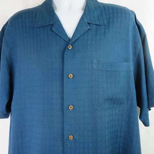 Tommy Bahama Hawaiian Aloha Shirt Mens Large Textured Blue Plaid - Afbeelding 4 van 13