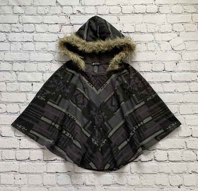 Y2K Self Esteem Women s L Gray Hooded Parka Poncho Southwestern Aztec Boho