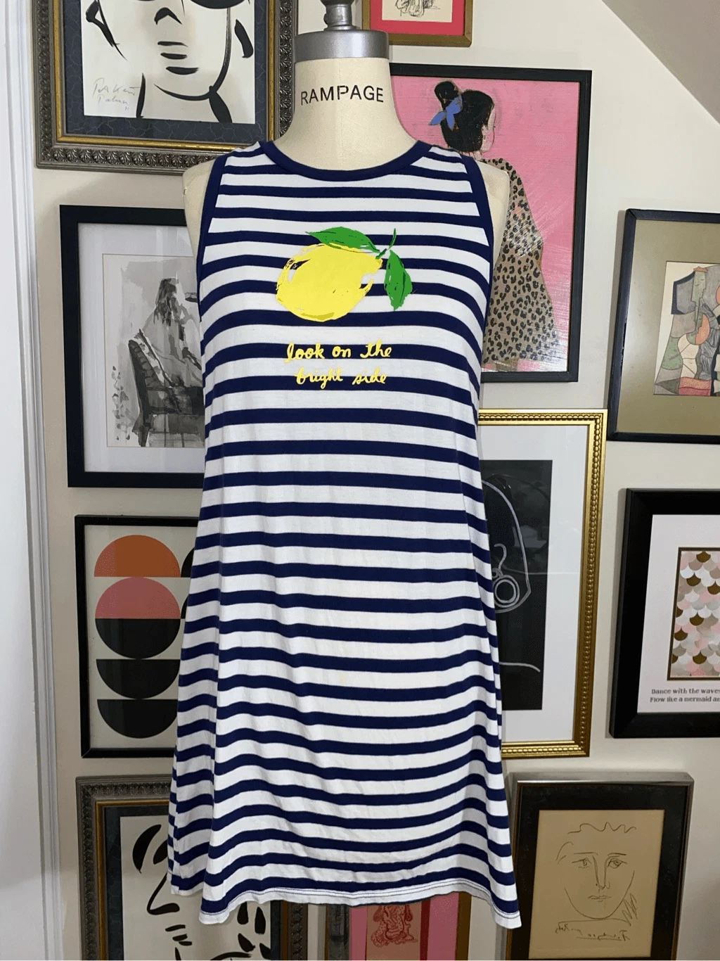Abito maglietta donna Kate Spade blu navy bianco righe stampa limone tg small