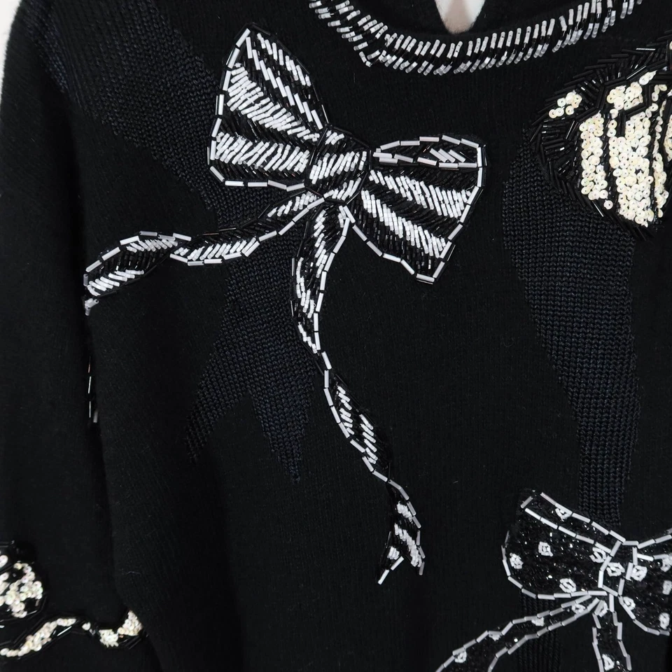 复古串珠蝴蝶结套衫毛衣 L 码带肩垫 Whimsigoth 羊毛 — 第 3/4 张图片