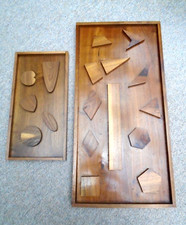 2 Walnut Wall Hangings with Geometric Shapes, Polygons and Curves - Original Art