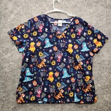 Disney Women's V-Neck Scrub Top Short Sleeve Size XL Winnie the Pooh And Friends