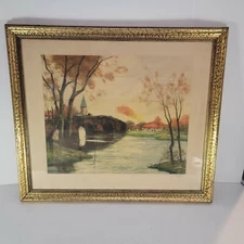 Vintage Antique Etching Print European Village Bridge. Mystery Artist 32 x 28"