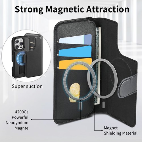 For iPhone 16 Pro Max 15 14 13 Detachable Wallet Leather Mag Safe Case+Card Slot - Picture 6 of 48